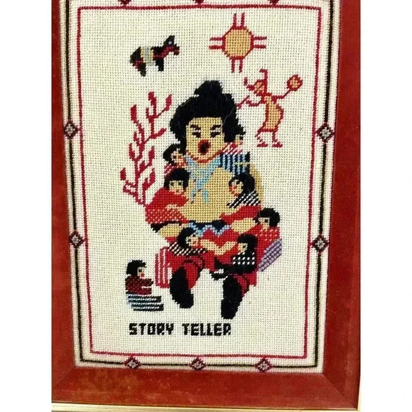 VTG 80's Storyteller Southwestern Crewel Embroidered Framed Wall Art 12"x 15.5" - Picture 2 of 11